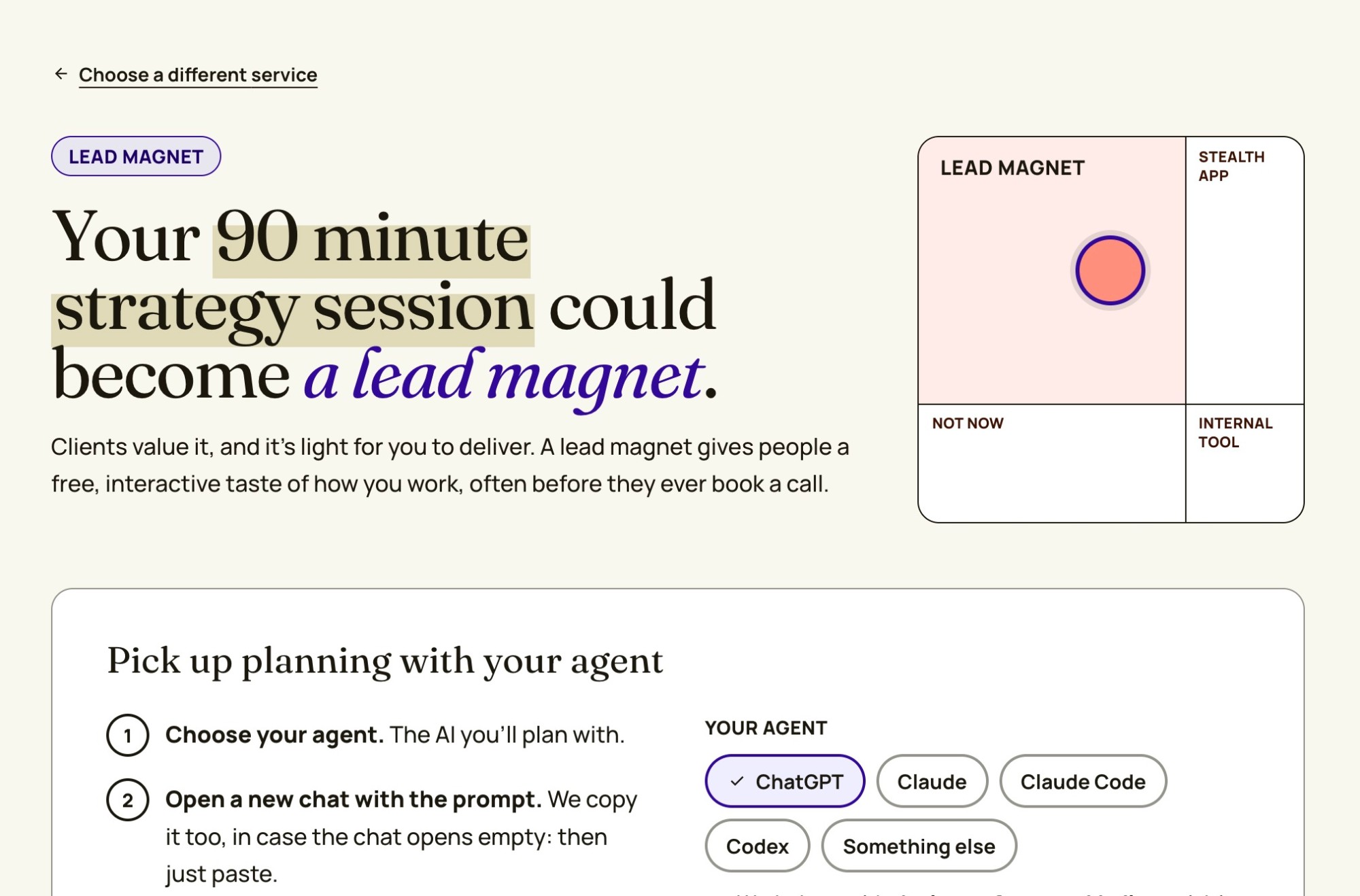 A planner from the audit: the service and where it landed on the grid, then the steps to pick up planning with your agent, with ChatGPT, Claude, Claude Code and Codex to choose from.